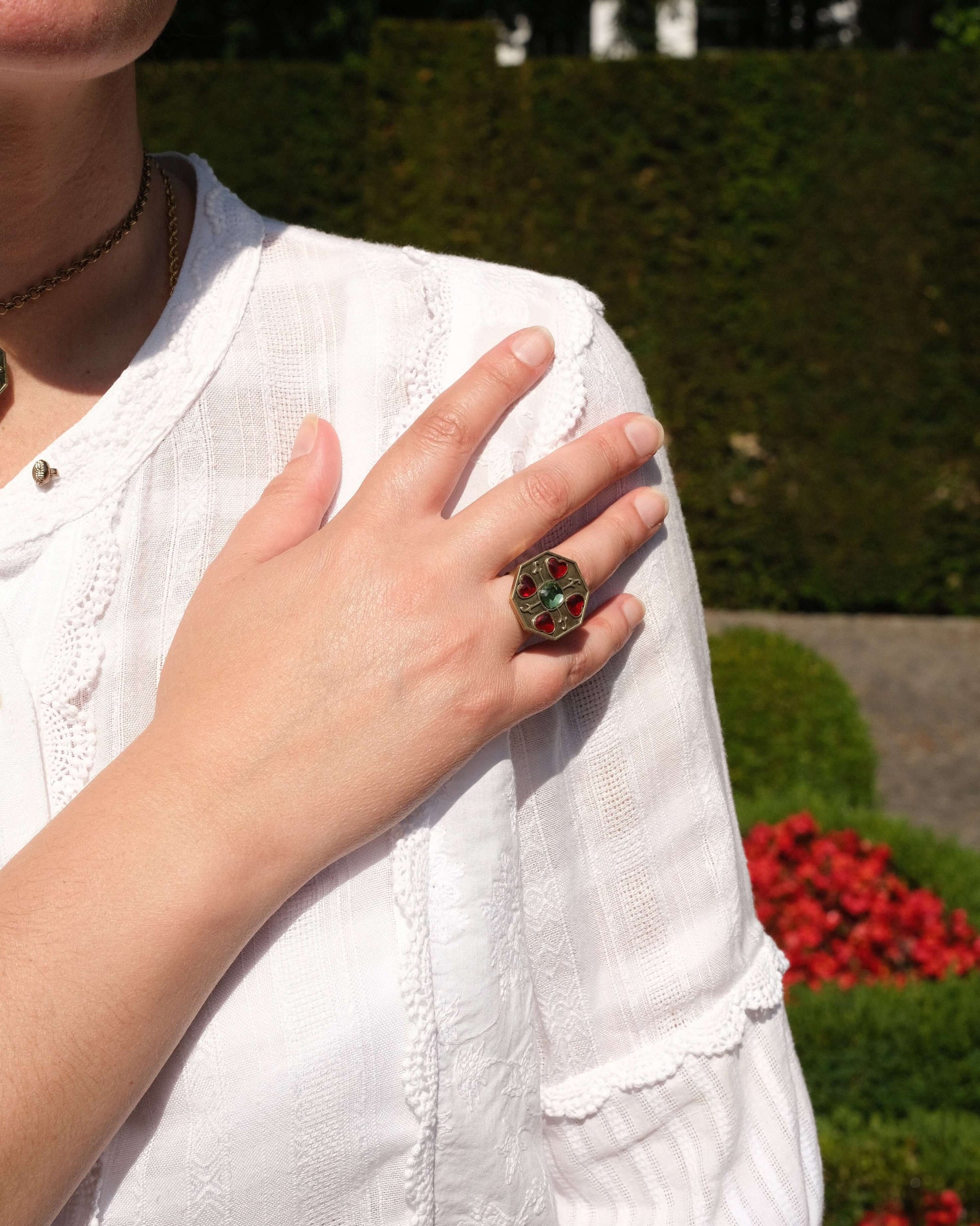 Heart Garden Ring with peridot-coloured cushion-cut crystal and floral heart-shaped stones, exclusive jewelry, art deco inspired jewellery.