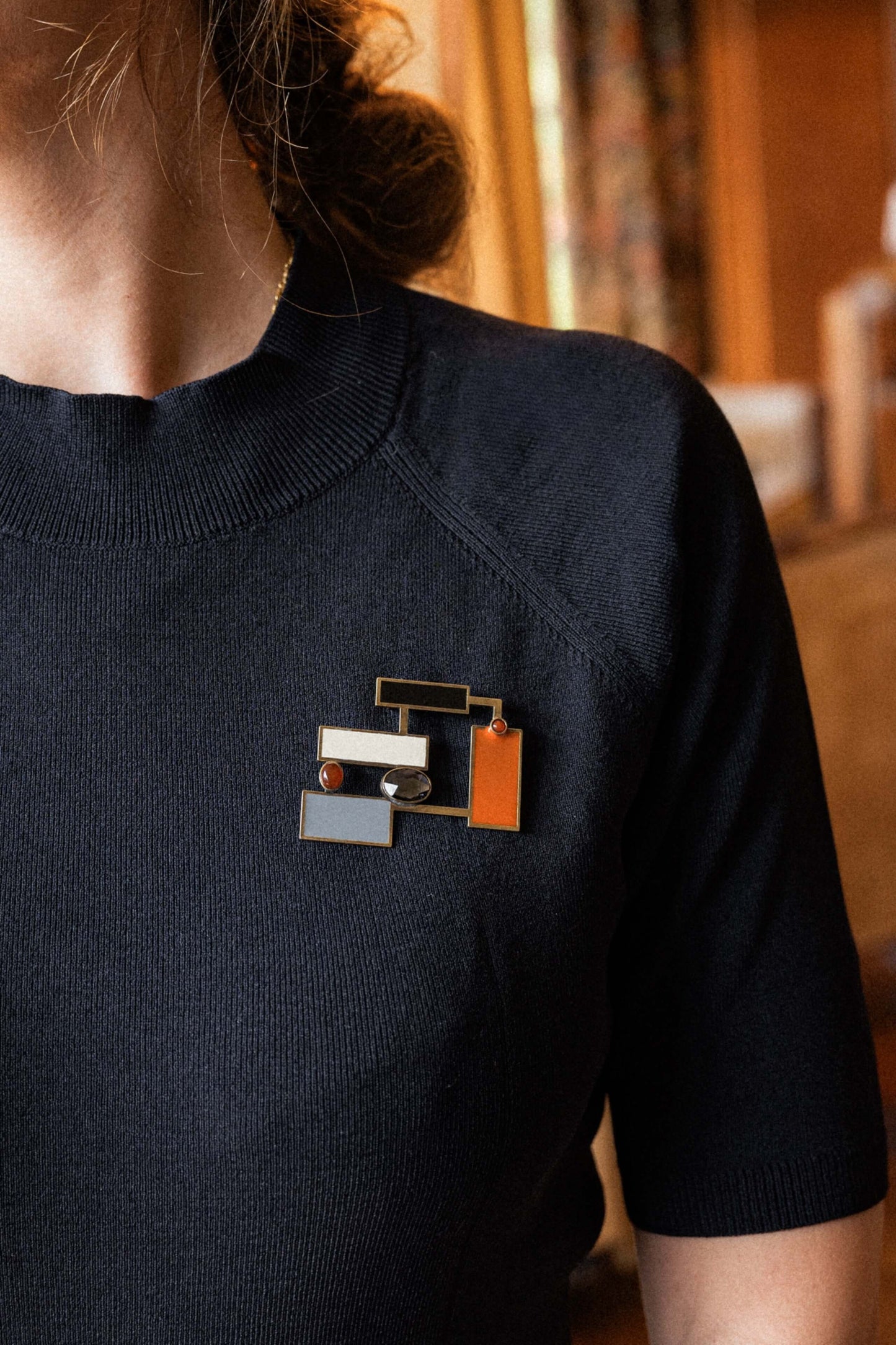Suzanne Carnelian Brooch Pendant with natural carnelian and handmade enamel and art deco inspired design, heritage inspired jewellery, exclusive jewelry. 