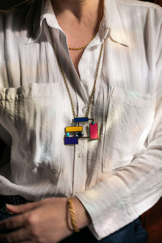 Suzanne Turquoise Brooch Pendant with natural turquoises and handmade enamel and delicate art deco details, exclusive jewellery, heritage inspired jewelry. 